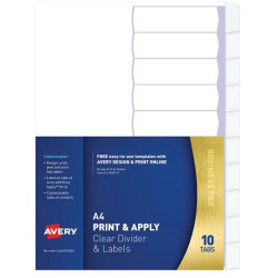 Avery L7455-10 Print & Apply Label Dividers A4 10 Tabs Clear