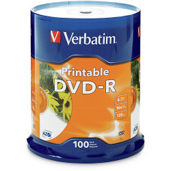 Verbatim Recordable DVD-R 120Min 4.7GB 16X Printable Inkjet Pack of 100 White