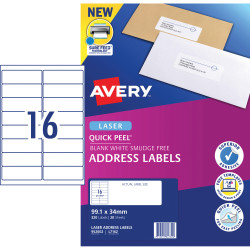 Avery Quick Peel Address Laser Labels White L7162 99.1x34mm 16UP 320 Labels 20 Sheets