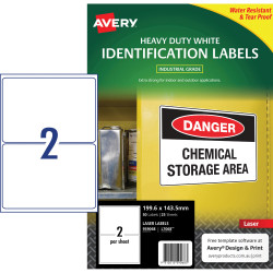 Avery Heavy Duty Laser Labels Waterproof White L7068  199.6x143.5mm 2UP 50 Labels
