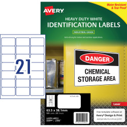 Avery Heavy Duty Laser Labels Waterproof L7060 White 63.5x38.1mm 21UP 25 Labels