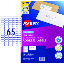 Avery Quick Peel Address Laser Labels White L7651 38.1x21.2mm 65UP 1625 Labels 25 Sheets